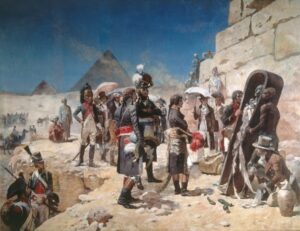 Napoleon Bonaparte voor de piramiden terwijl hij de mummie van een farao bekijkt - schilderij door Maurice Orange